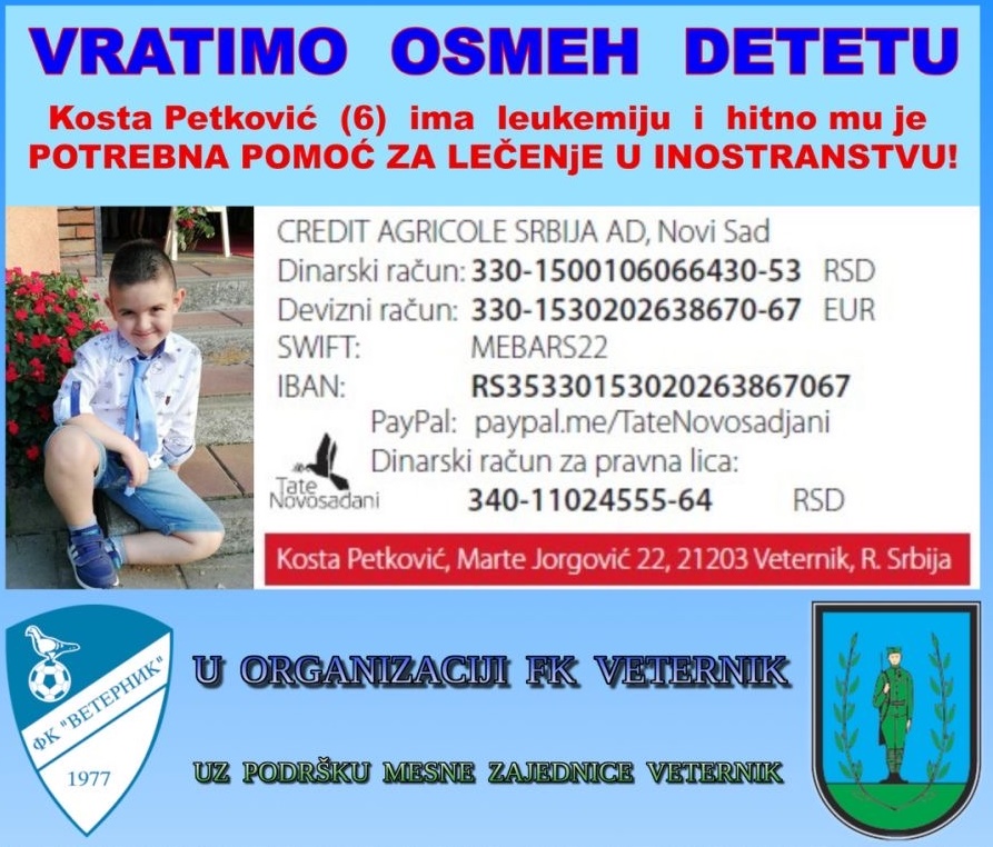 Humanitarna utakmica za Kostu Petkovića na stadionu FK Veternik